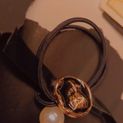 Rose charm hair tie with pearl and golden ribbon