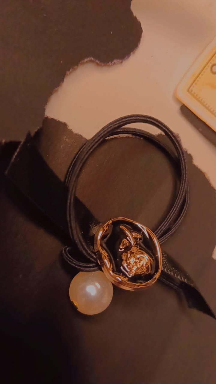 Rose charm hair tie with pearl and golden ribbon