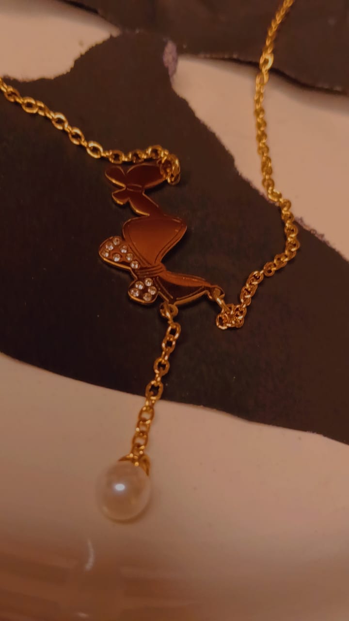 Butterfly Charm Pearl Drop Gold Necklace - Image 2