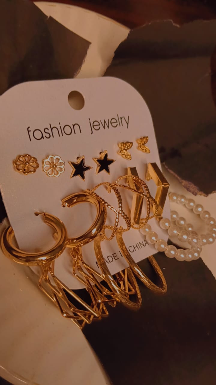 Golden & Pearl Hoop Earrings set-9 pairs - Image 2