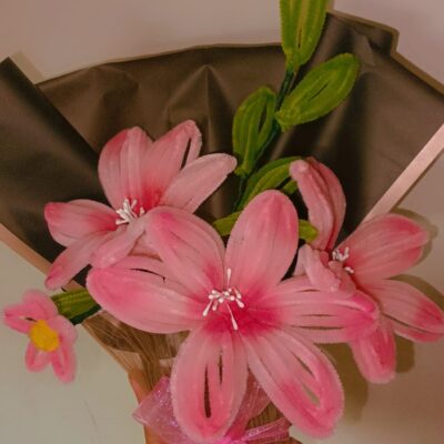 Handmade pink flower bouquet with ribbon wrap-artificial floral gift arrangement by Pearlith